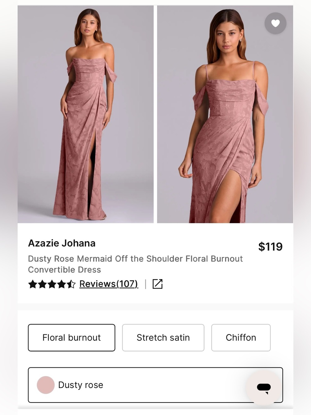 NWT Azazie Johana Dusty Rose Floral Burnout Gown